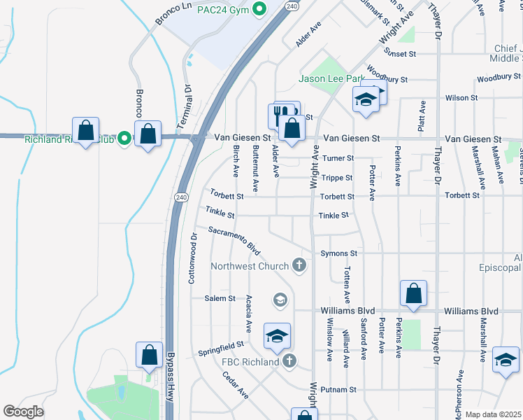 map of restaurants, bars, coffee shops, grocery stores, and more near 2216 Tinkle Street in Richland