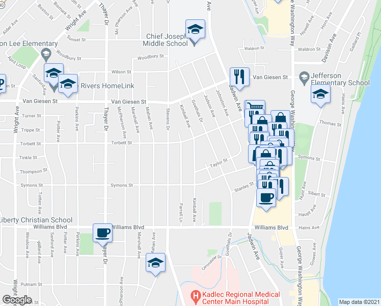 map of restaurants, bars, coffee shops, grocery stores, and more near 1429 Kimball Avenue in Richland