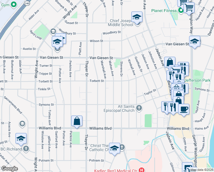 map of restaurants, bars, coffee shops, grocery stores, and more near 1425 Marshall Avenue in Richland