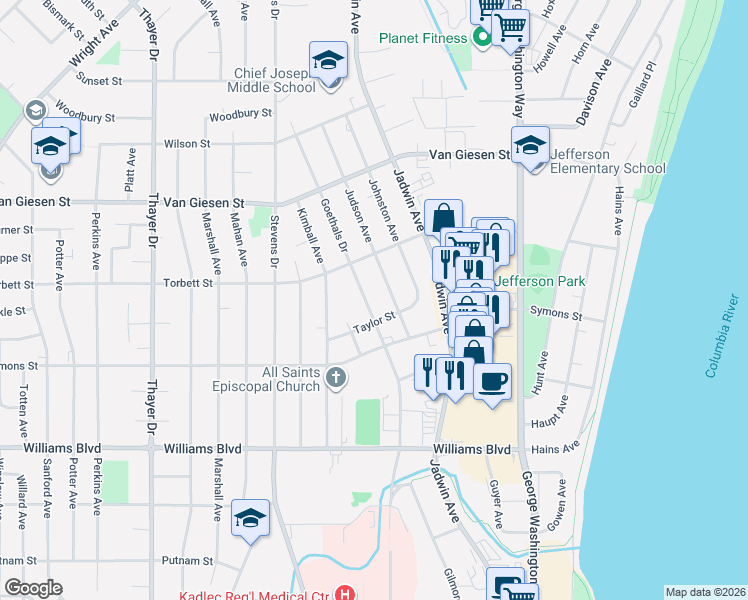 map of restaurants, bars, coffee shops, grocery stores, and more near 1415 Judson Avenue in Richland