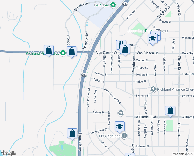 map of restaurants, bars, coffee shops, grocery stores, and more near 2409 Tinkle Street in Richland