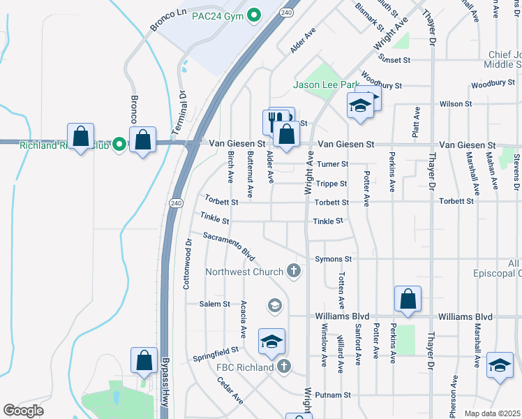 map of restaurants, bars, coffee shops, grocery stores, and more near 2216 Tinkle in Richland