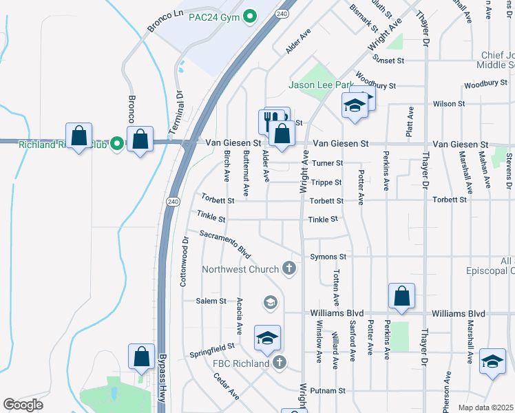 map of restaurants, bars, coffee shops, grocery stores, and more near 2216 Tinkle in Richland