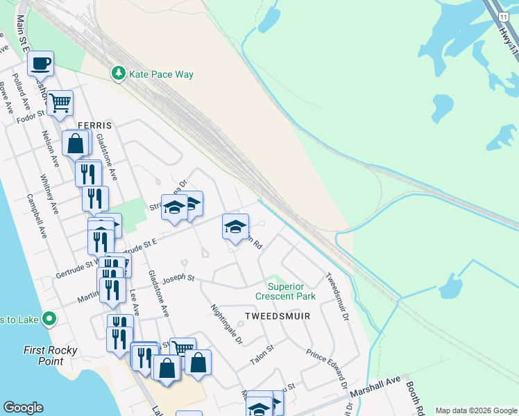 map of restaurants, bars, coffee shops, grocery stores, and more near 149 Gertrude Street East in North Bay