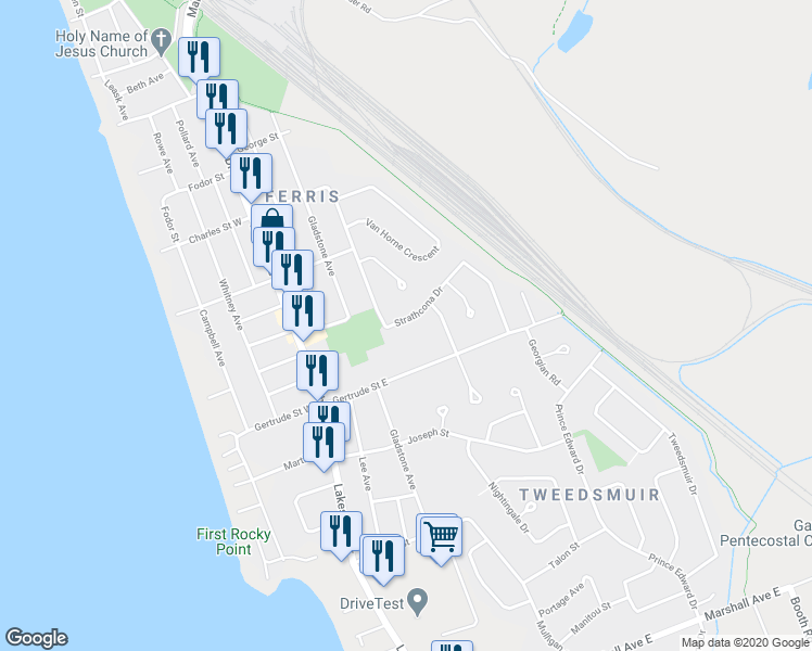 map of restaurants, bars, coffee shops, grocery stores, and more near 53 Strathcona Drive in North Bay