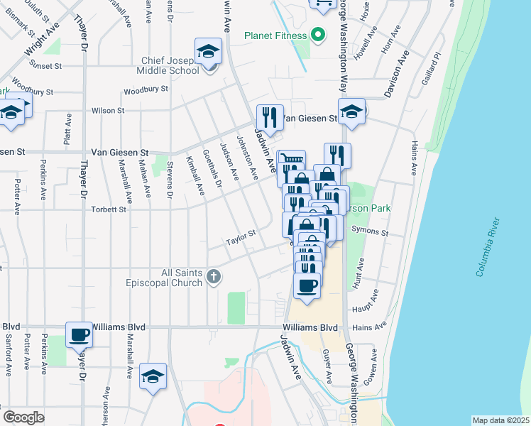 map of restaurants, bars, coffee shops, grocery stores, and more near 505 Taylor Street in Richland
