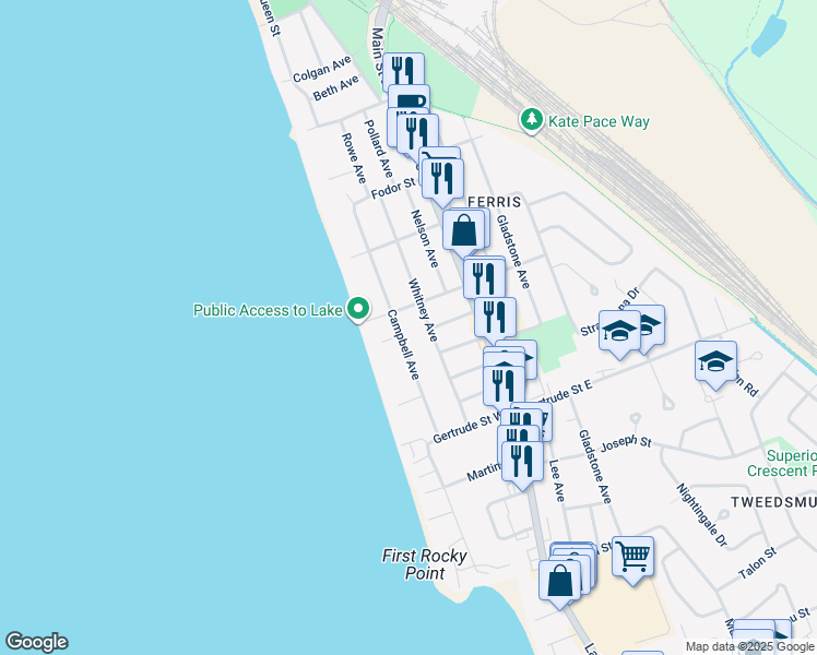 map of restaurants, bars, coffee shops, grocery stores, and more near 116 Campbell Avenue in North Bay