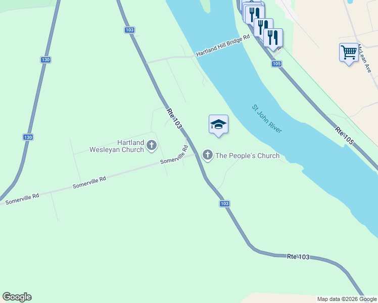 map of restaurants, bars, coffee shops, grocery stores, and more near 2 Crossing Road in Hartland