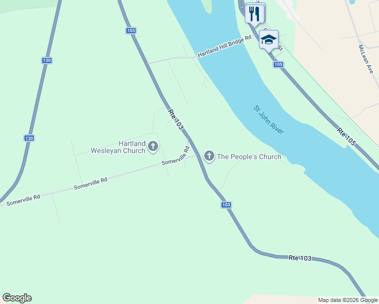 map of restaurants, bars, coffee shops, grocery stores, and more near 2 Crossing Road in Carleton County