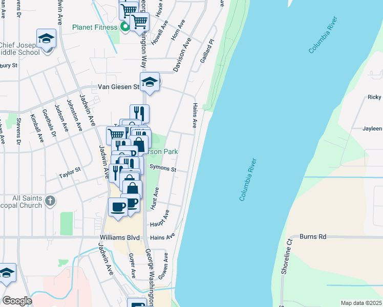 map of restaurants, bars, coffee shops, grocery stores, and more near 1498 Hains Avenue in Richland