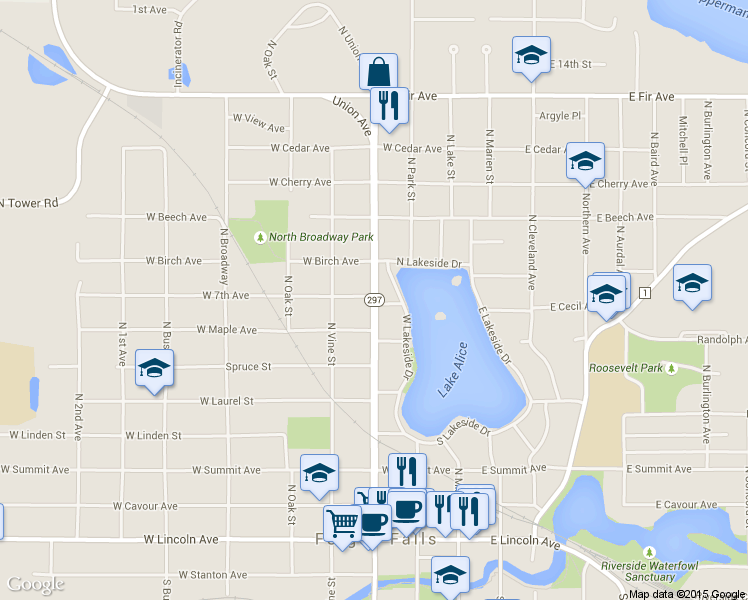 map of restaurants, bars, coffee shops, grocery stores, and more near Highway 297 in Fergus Falls