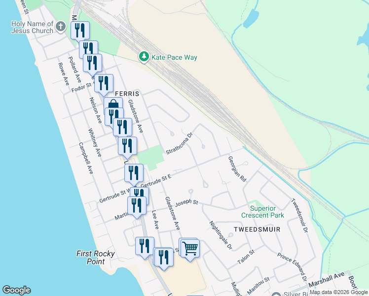 map of restaurants, bars, coffee shops, grocery stores, and more near 53 Strathcona Drive in North Bay