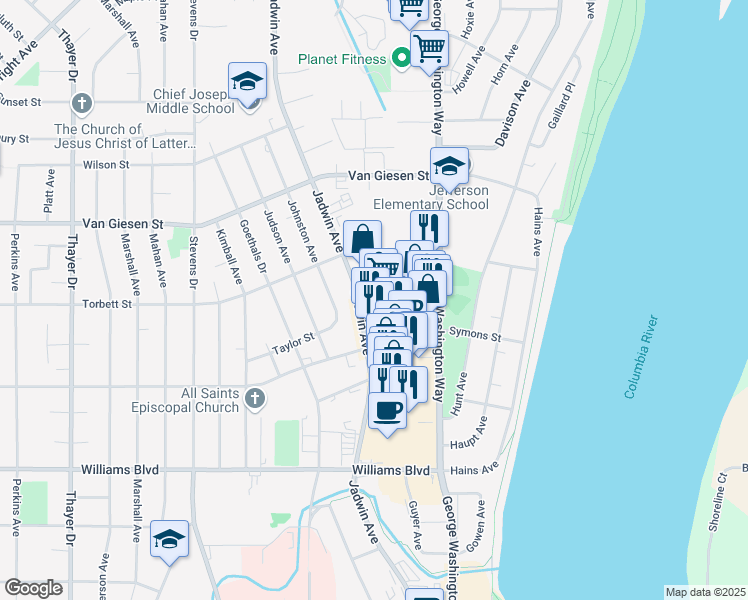 map of restaurants, bars, coffee shops, grocery stores, and more near 1402 Jadwin Avenue in Richland