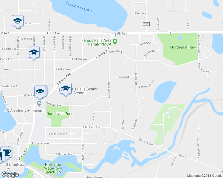 map of restaurants, bars, coffee shops, grocery stores, and more near 734 Springen Avenue in Fergus Falls