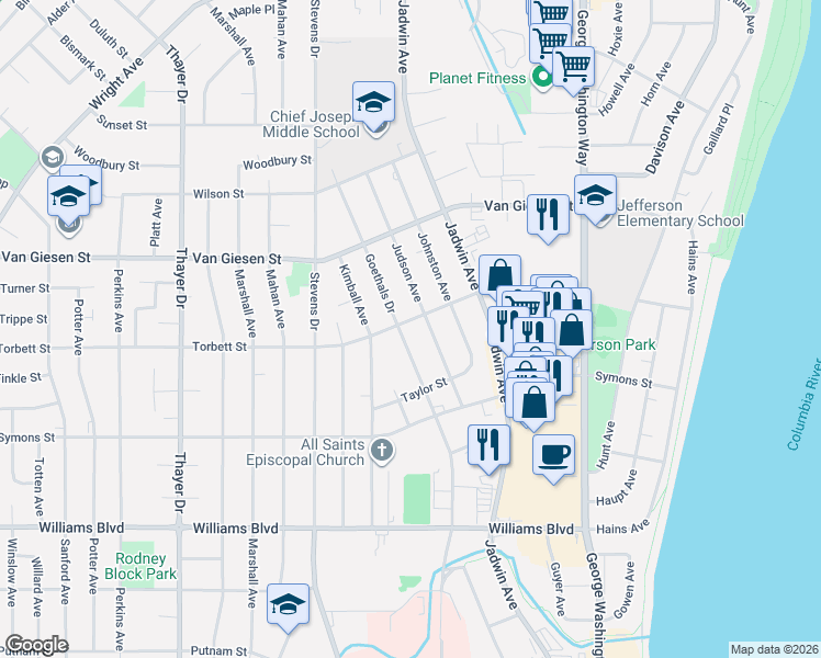 map of restaurants, bars, coffee shops, grocery stores, and more near 606 Torbett Street in Richland