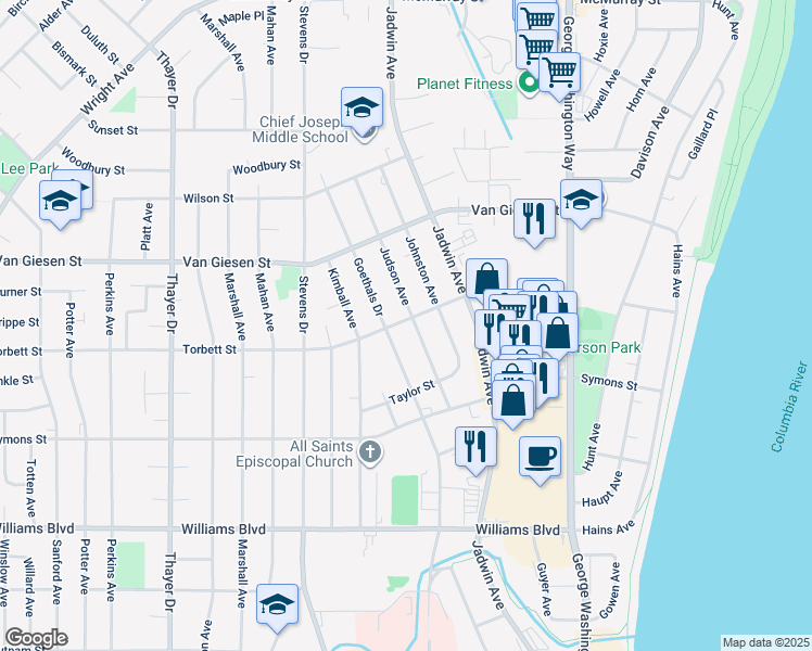 map of restaurants, bars, coffee shops, grocery stores, and more near 606 Torbett Street in Richland