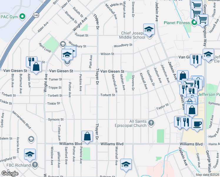 map of restaurants, bars, coffee shops, grocery stores, and more near 1511 Marshall Avenue in Richland
