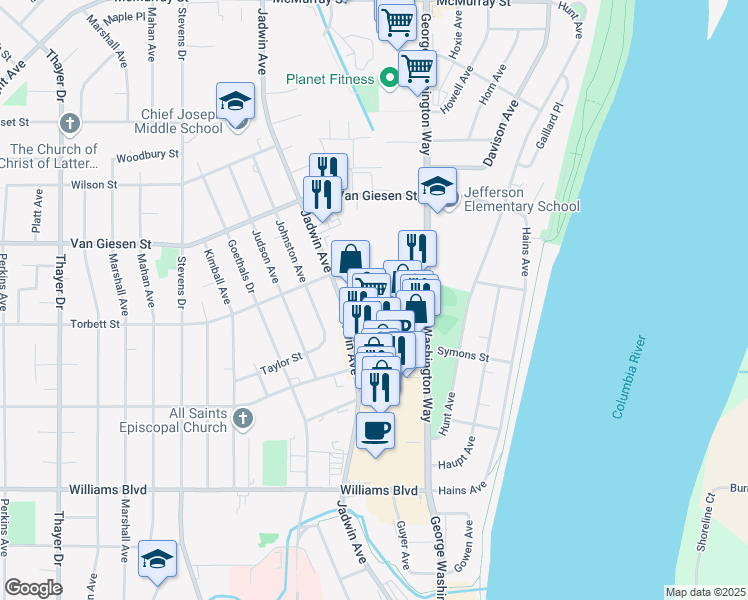 map of restaurants, bars, coffee shops, grocery stores, and more near 221 Torbett Street in Richland