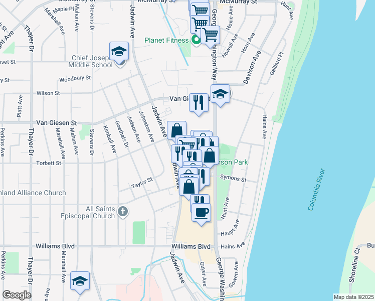 map of restaurants, bars, coffee shops, grocery stores, and more near 221 Torbett Street in Richland