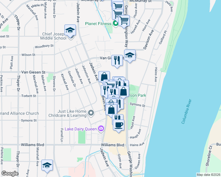 map of restaurants, bars, coffee shops, grocery stores, and more near 221 Torbett Street in Richland