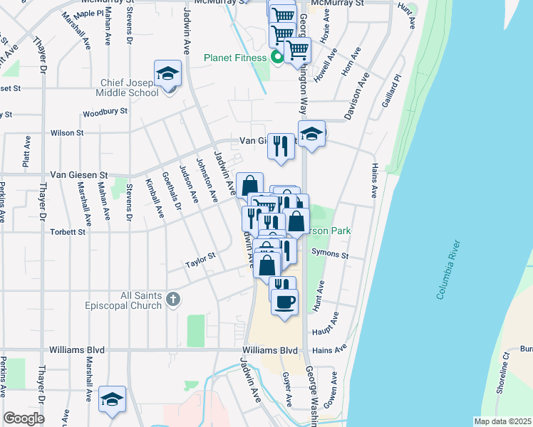 map of restaurants, bars, coffee shops, grocery stores, and more near 221 Torbett Street in Richland