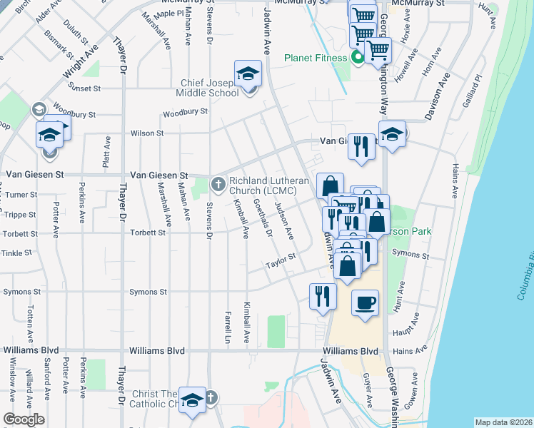 map of restaurants, bars, coffee shops, grocery stores, and more near 606 Torbett Street in Richland