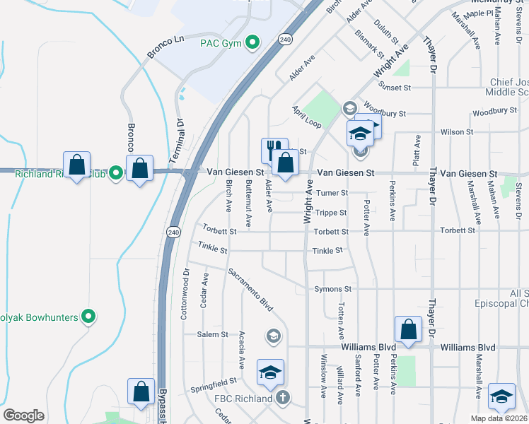 map of restaurants, bars, coffee shops, grocery stores, and more near 1506 Butternut Avenue in Richland