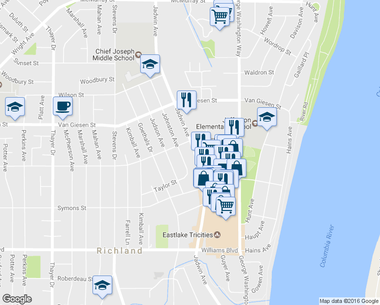 map of restaurants, bars, coffee shops, grocery stores, and more near 1429 Jadwin Avenue in Richland