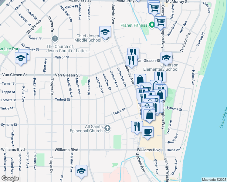 map of restaurants, bars, coffee shops, grocery stores, and more near 606 Torbett Street in Richland