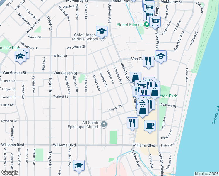 map of restaurants, bars, coffee shops, grocery stores, and more near 606 Torbett Street in Richland