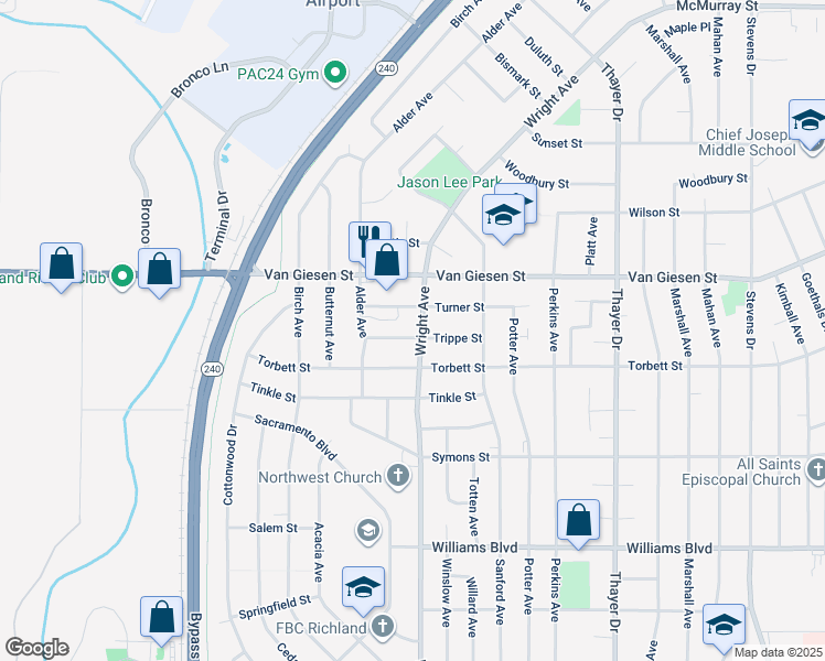 map of restaurants, bars, coffee shops, grocery stores, and more near 1509 Wright Avenue in Richland