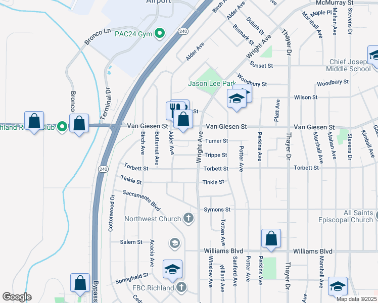 map of restaurants, bars, coffee shops, grocery stores, and more near 1509 Wright Avenue in Richland
