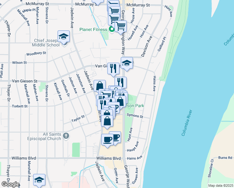 map of restaurants, bars, coffee shops, grocery stores, and more near 211 Torbett Street in Richland