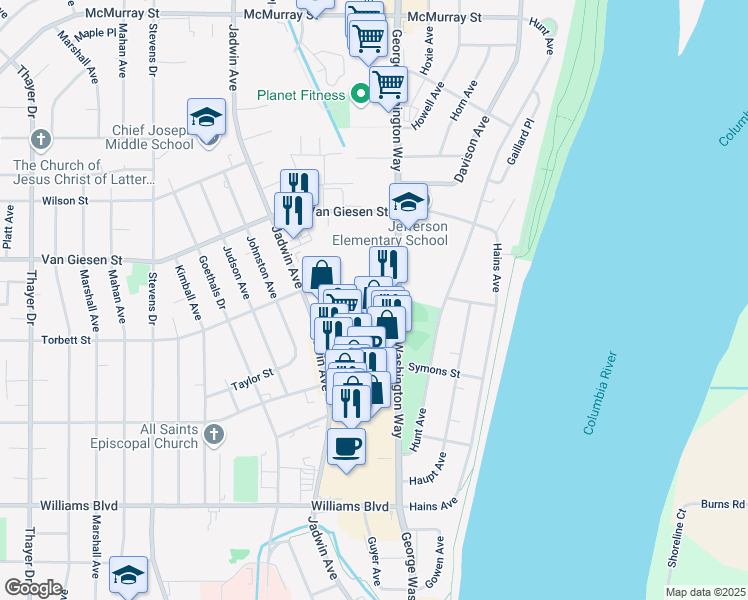 map of restaurants, bars, coffee shops, grocery stores, and more near 211 Torbett Street in Richland
