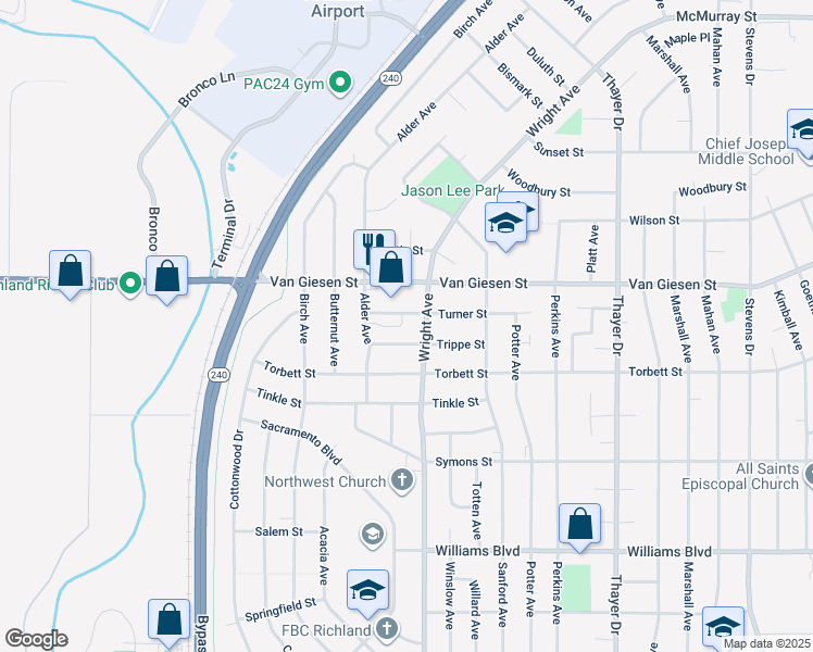 map of restaurants, bars, coffee shops, grocery stores, and more near 1509 Wright Avenue in Richland
