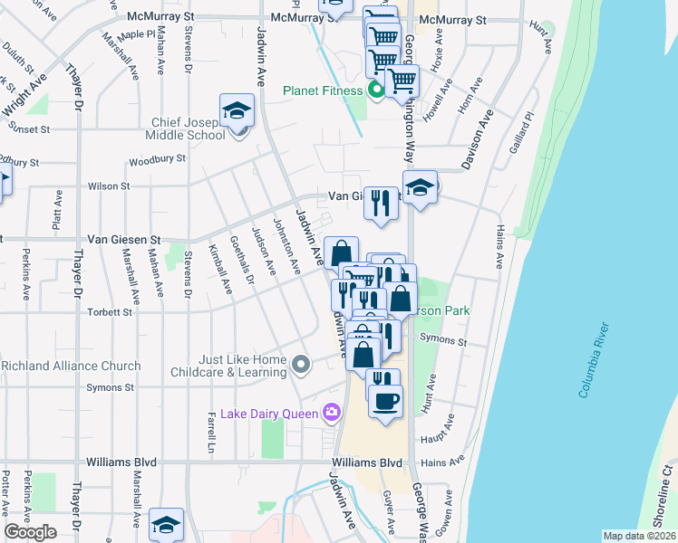 map of restaurants, bars, coffee shops, grocery stores, and more near 221 Torbett Street in Richland