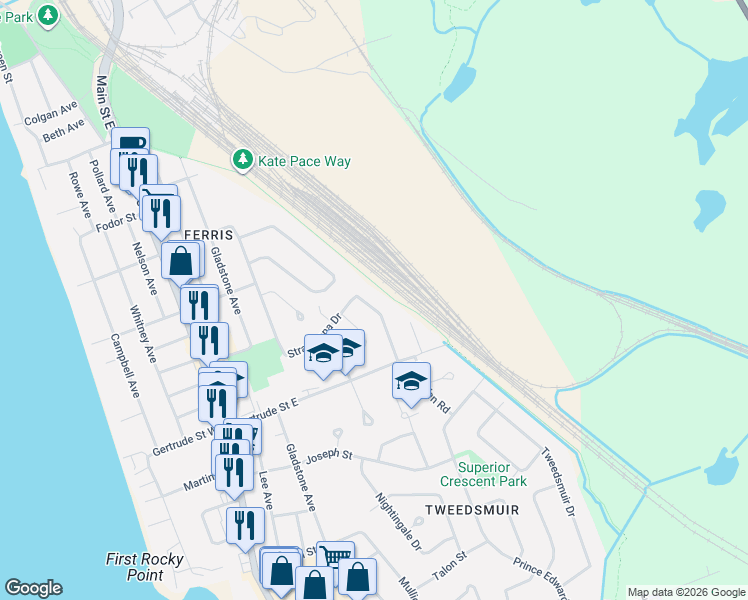 map of restaurants, bars, coffee shops, grocery stores, and more near 100 Strathcona Drive in North Bay