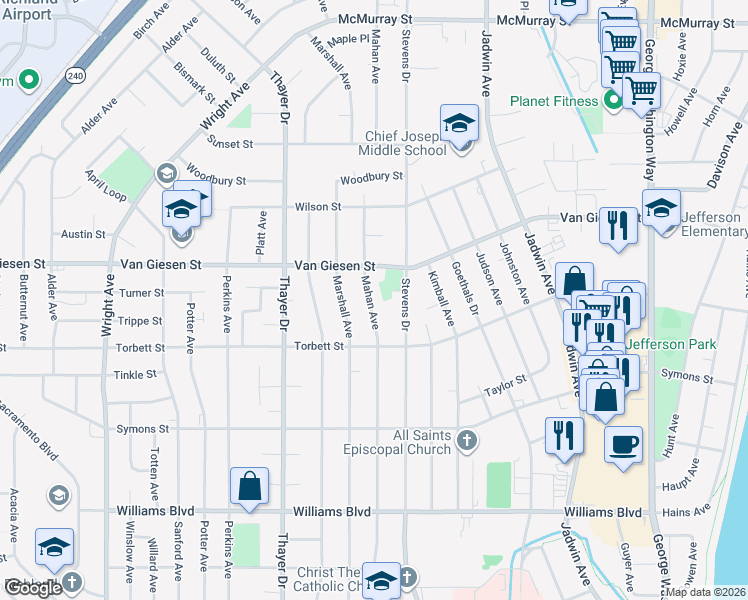 map of restaurants, bars, coffee shops, grocery stores, and more near 1518 Mahan Avenue in Richland
