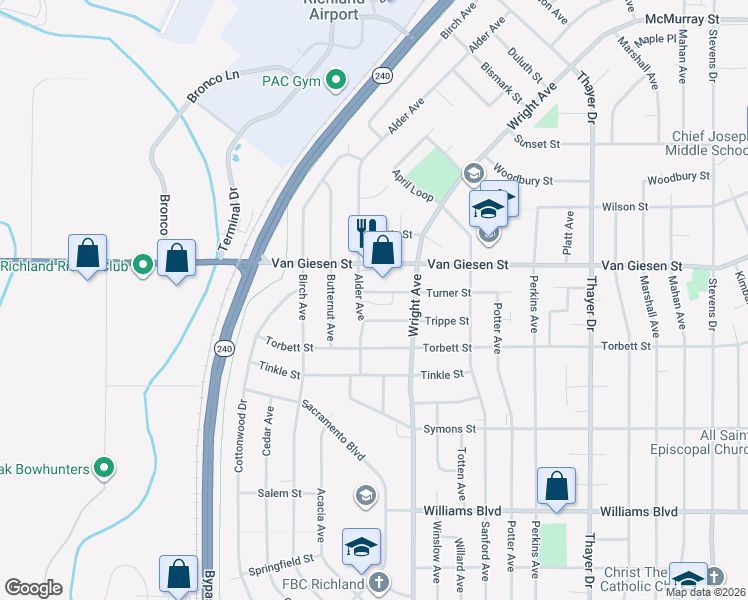 map of restaurants, bars, coffee shops, grocery stores, and more near 2111 Turner Street in Richland