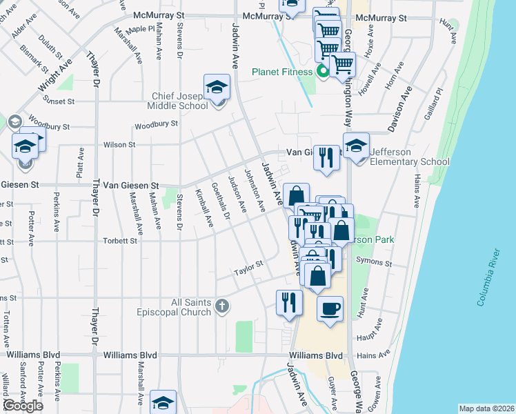 map of restaurants, bars, coffee shops, grocery stores, and more near 507 Torbett Street in Richland
