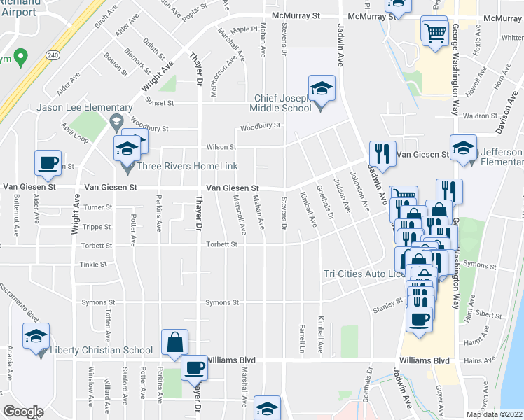 map of restaurants, bars, coffee shops, grocery stores, and more near 1510 Mahan Avenue in Richland