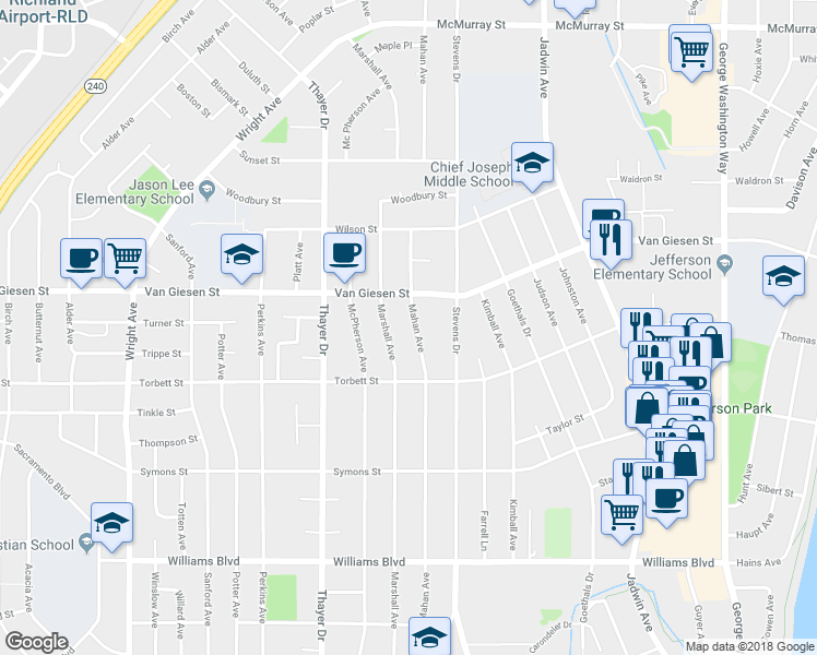 map of restaurants, bars, coffee shops, grocery stores, and more near 1510 Mahan Avenue in Richland