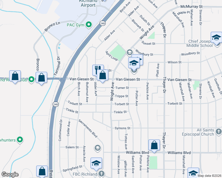 map of restaurants, bars, coffee shops, grocery stores, and more near 1509 Wright Avenue in Richland