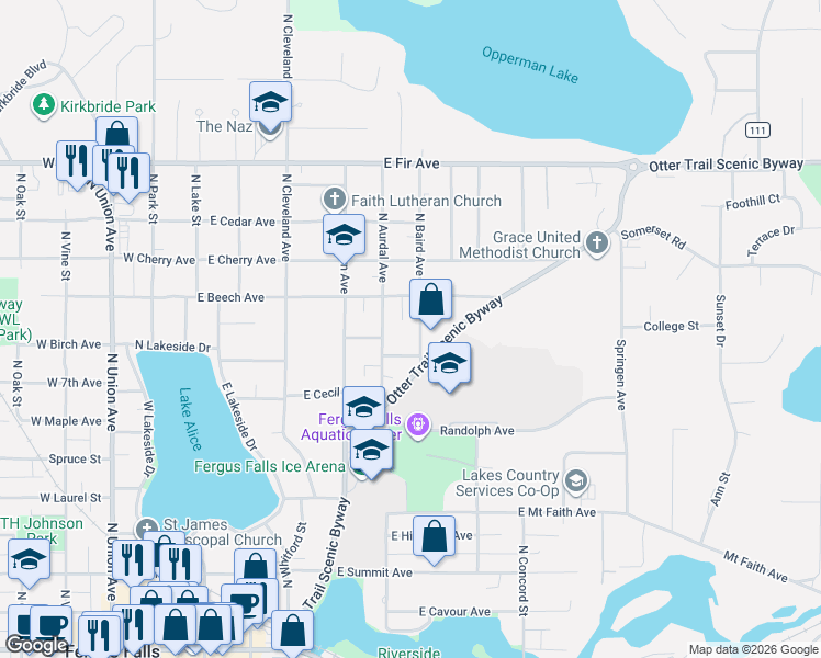 map of restaurants, bars, coffee shops, grocery stores, and more near 805 North Baird Avenue in Fergus Falls