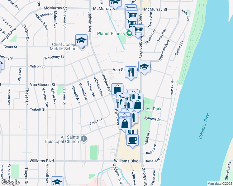map of restaurants, bars, coffee shops, grocery stores, and more near 221 Torbett Street in Richland