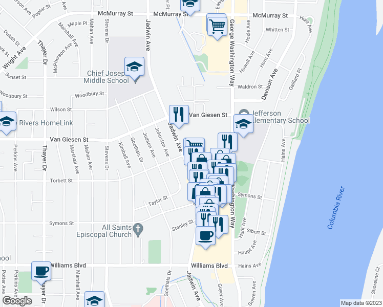map of restaurants, bars, coffee shops, grocery stores, and more near 221 Torbett Street in Richland