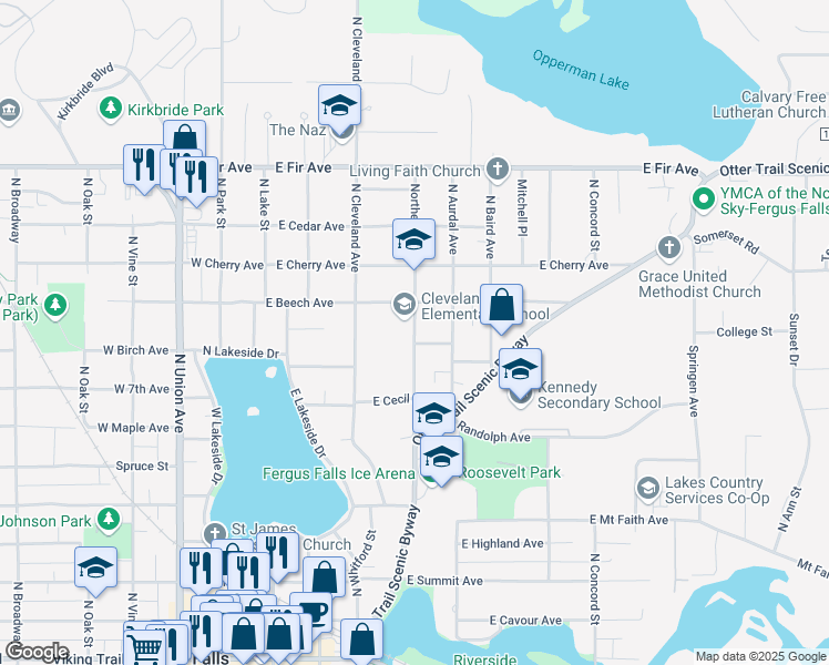 map of restaurants, bars, coffee shops, grocery stores, and more near 919 Northern Avenue in Fergus Falls
