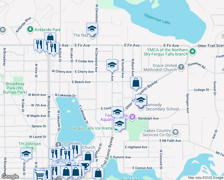 map of restaurants, bars, coffee shops, grocery stores, and more near 919 Northern Avenue in Fergus Falls
