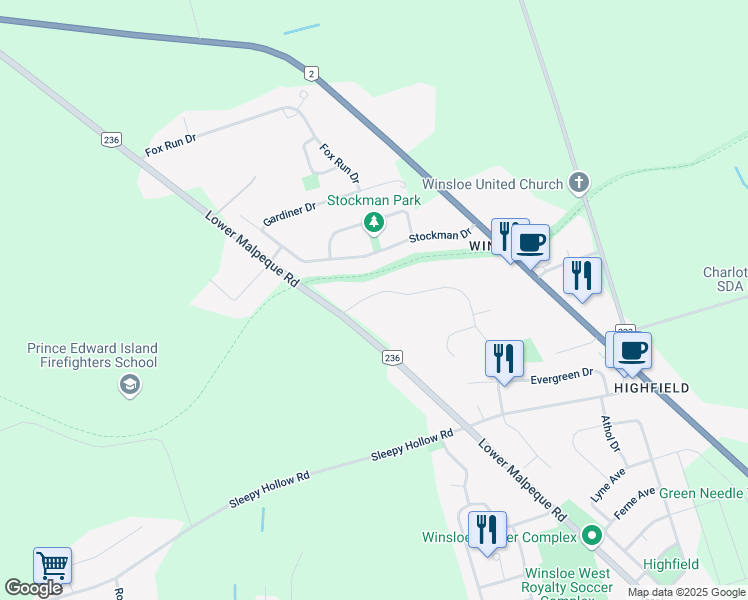 map of restaurants, bars, coffee shops, grocery stores, and more near 2 Trailview Drive in Charlottetown