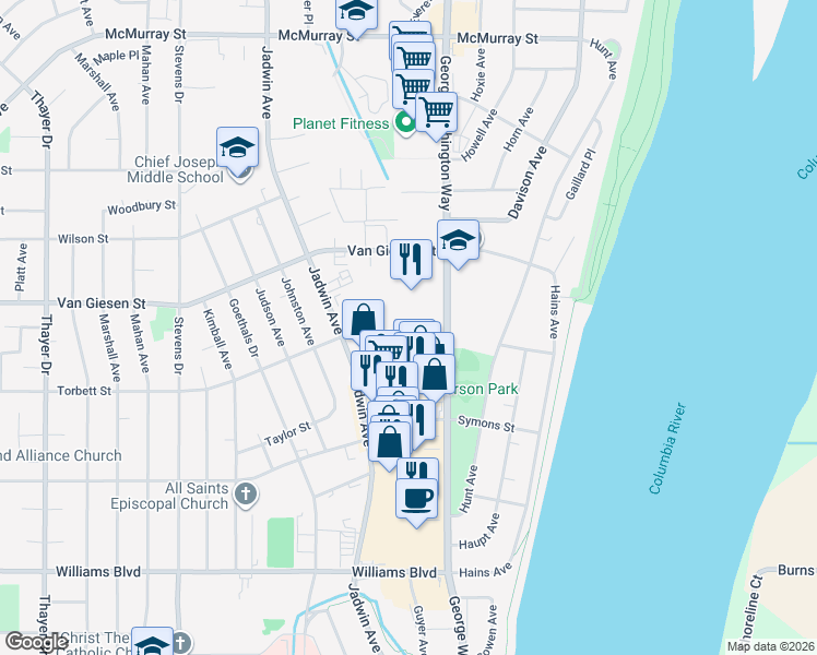 map of restaurants, bars, coffee shops, grocery stores, and more near 1515 George Washington Way in Richland